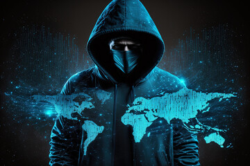Technology theft, finance, and the internet concept: hacker in hoodie using innovative glowing blue business chart interface with map on black background. Generative AI