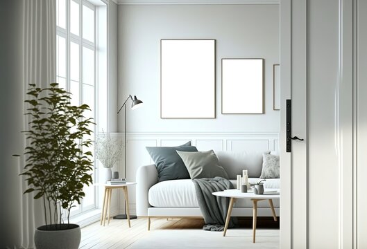 illustration of mock-up wall decor frame is hanging in cozy minimalism living room with comfort sofa