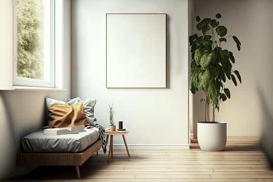  illustration of mock-up wall decor frame is hanging in cozy minimalism living room with comfort sofa