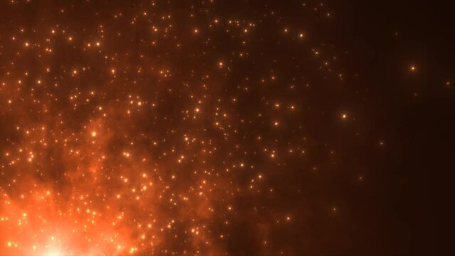 Abstract orange fiery flame bonfire of particles and sparks glowing beautiful magical on a dark background. Abstract background. Video in high quality 4k, motion design
