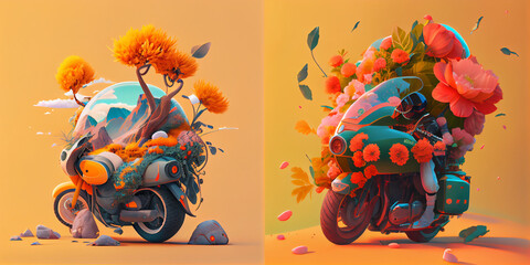 Surreal bike illustration, background with flowers, collection
