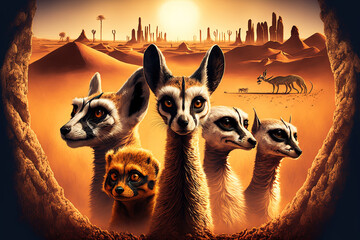 several types of desert wildlife a meerkat, a camel, a fennec fox, a snake, and a scorpion. Generative AI