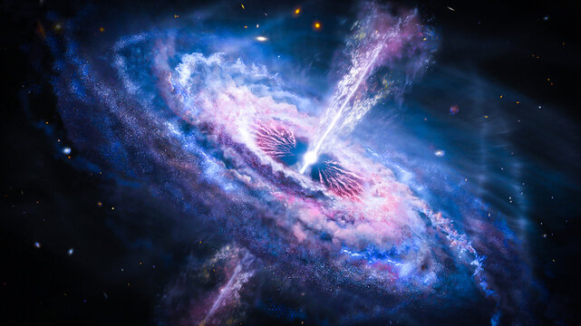 Distant galaxy an active quasar center. A quasar is a celestial object emitting energy due to the infalling matter that fuels a supermassive black hole center. Elements of this image furnished by NASA