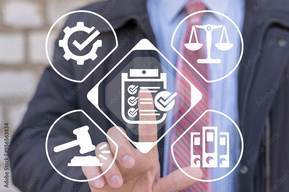 Poster concept of business compliance. businessman using virtual touchscreen presses checklist icon: compli