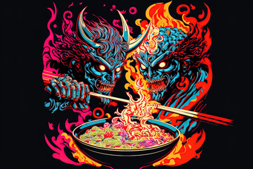A tasty dish of ramen is being consumed by two Japanese oni in the Demon Brothers Ramen Temple colorful image. There is no cure for love, according to the Japanese characters at the top. Generative AI