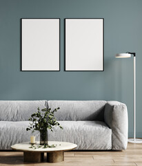 Two poster frames mockup in stylish blue living room, 3d rendering