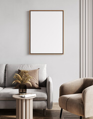 Poster frame mockup in stylish beige interior space, 3d rendering