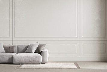Bright modern living room mockup, gray sofa on white classic background, panorama, 3d render