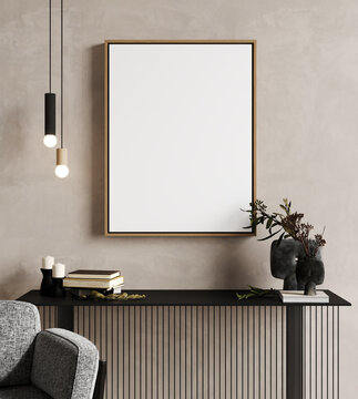 Frame mockup in home interior with decoration, living room in beige warm color with black console, 3d render