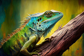 Obraz premium a close up of a temporalis lizard or water dragon perched on a branch. Generative AI