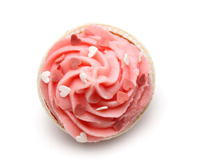 Tasty cupcake for Valentine's Day on white background, top view
