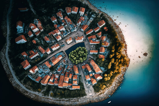 Aerial image of Croatia's Orebic village on Peljeac. Generative AI