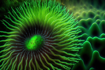 Naklejka na ściany i meble Detail of a vibrant green sea anemone in a tidal pool. Generative AI