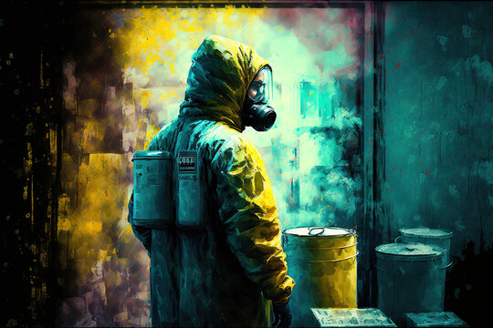 hazmat suit clad worker assessing the storage apparatus. Generative AI