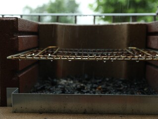 Empty barbecue grill with grid under rain outdoors, closeup