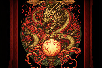 chinese style dragon, dragon flag, dragon with lantern, red dragon illustration, chinese style red dragon with lantern