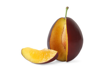 Fresh cut ripe plum on white background