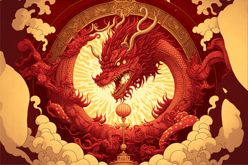 red dragon illustration, red china dragon, the strongest symbol for good luck and prosperity in China