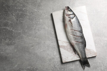 Fresh raw sea bass fish on light gray table, top view. Space for text