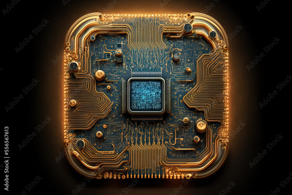 Aufkleber on a technological backdrop, a contemporary circuit microchip for security. generative ai