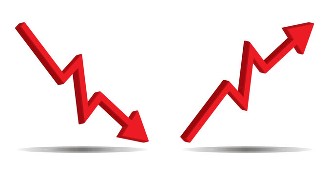 3d Up and Down sign with red arrows vector. Design vector illustration concept of sales bar chart symbol icon with arrow moving down and sales bar chart with arrow moving up.