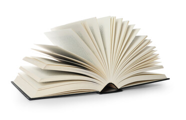 Open book with hard cover on white background