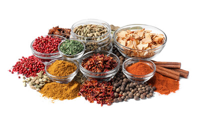 Bowls with different spices on white background