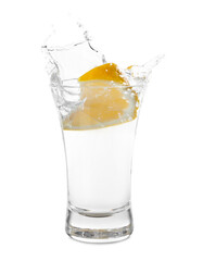 Fototapeta na wymiar Vodka splashing out of shot glass with lemon on white background