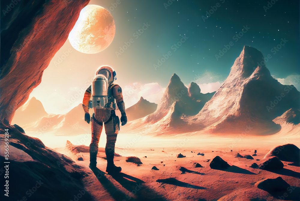 Poster astronaut on deserted planet in alien world, generative ai