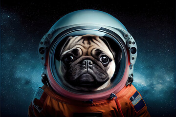dog in space. pug in space with spacesuit on , animal, space, dog,generative ai