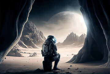 Astronaut on deserted planet in alien world, generative AI