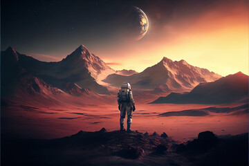 Deserted planet in alien world, generative AI. Lone man, astronaut and landscape. - obrazy, fototapety, plakaty