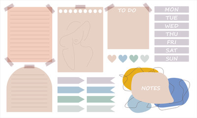 Vector illustration Digital Notes stickers, days of the week, paperless Bullet journal in pastel colors minimalist