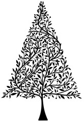 Black triangular tree with branches and leaves. Isolated black and white bush. geometric tree.