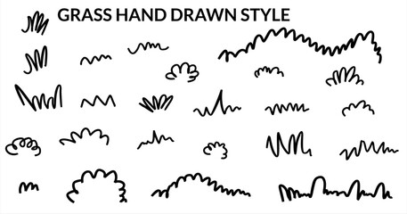 Grass vector set with hand drawn style, line, pen tool, wild plants ink drawn, doodle, cartoon, kids, monochrome,