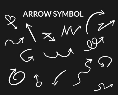 Arrow sign set in white hand drawn style on black background like blackboard, black, doodle, abstract, cartoon, circle, square, comic, monochrome, unique shape, infographic