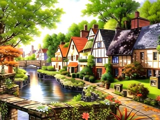 houses in the country. Beautiful house painting with garden, bridge, River and flowers.
