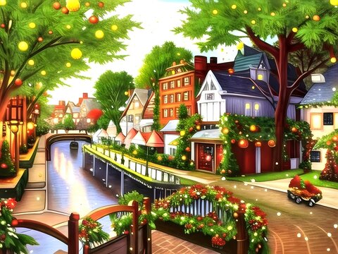 Fototapeta Christmas tree in the park. Beautiful house painting with garden, bridge, river and flowers. happy holiday.