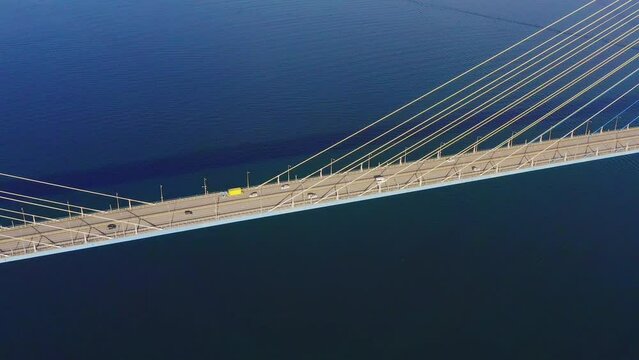 Aerial view of the cable-stayed bridge bridge over the strait
