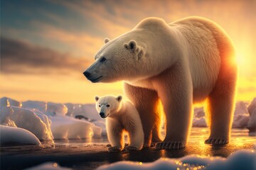 Obraz na płótnie Canvas Adult polar bear with baby cub polar bear in icy winter landscape at golden hour, beautiful wildlife scene of arctic environment