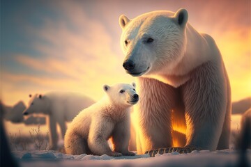 Obraz na płótnie Canvas Adult polar bear with baby cub polar bear in icy winter landscape at golden hour, beautiful wildlife scene of arctic environment