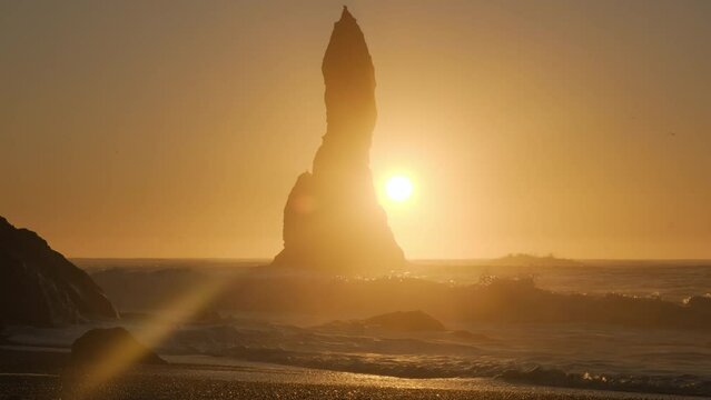 Famous Black Sand Beach In Iceland, Sunset over Volcanic Cliffside, North Atlantic Ocean Water, Vik, Shot in 8K Resolution 4320p