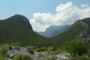 Picturesque view of beautiful mountains and plants under cloudy sky