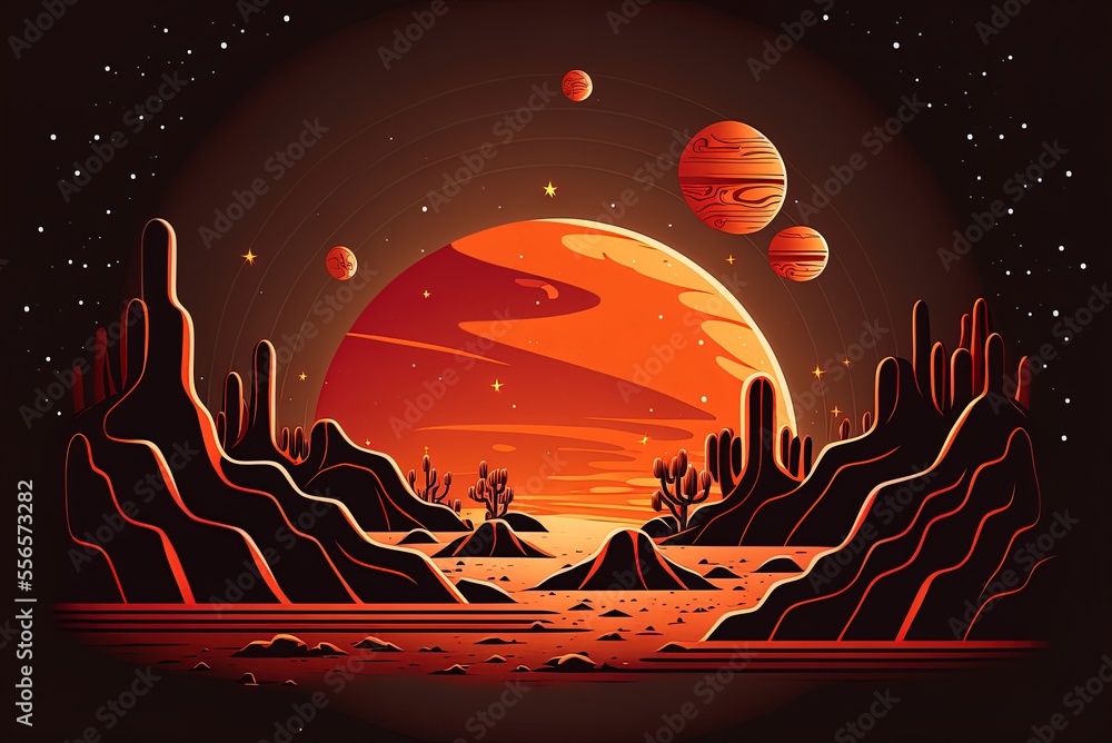 Poster background of the red planet mars with saturn and the stars shining brightly in the night sky. carto