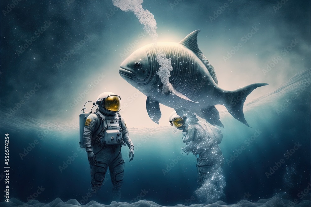 Poster Astronauts casting for fish in the stars. Generative AI
