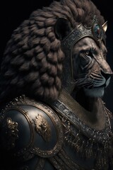 Fototapeta na wymiar Lion in ornated royal armor, legendary mythical creature warrior detailed dramatic portrait on black background