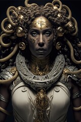 Medusa gorgon in ornated white armor with golden accents, snake mythical fictional character with human-like features generated by ai