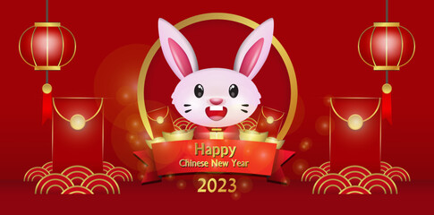 Happy chinese new year greeting with gold circle and some angpao and red background for banner