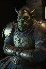 Green ogre in peasant warrior armor in a menacing medieval dark room portrait with horns