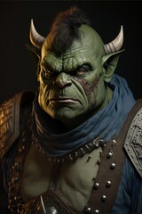 Green ogre in peasant warrior armor in a menacing medieval dark room portrait with horns